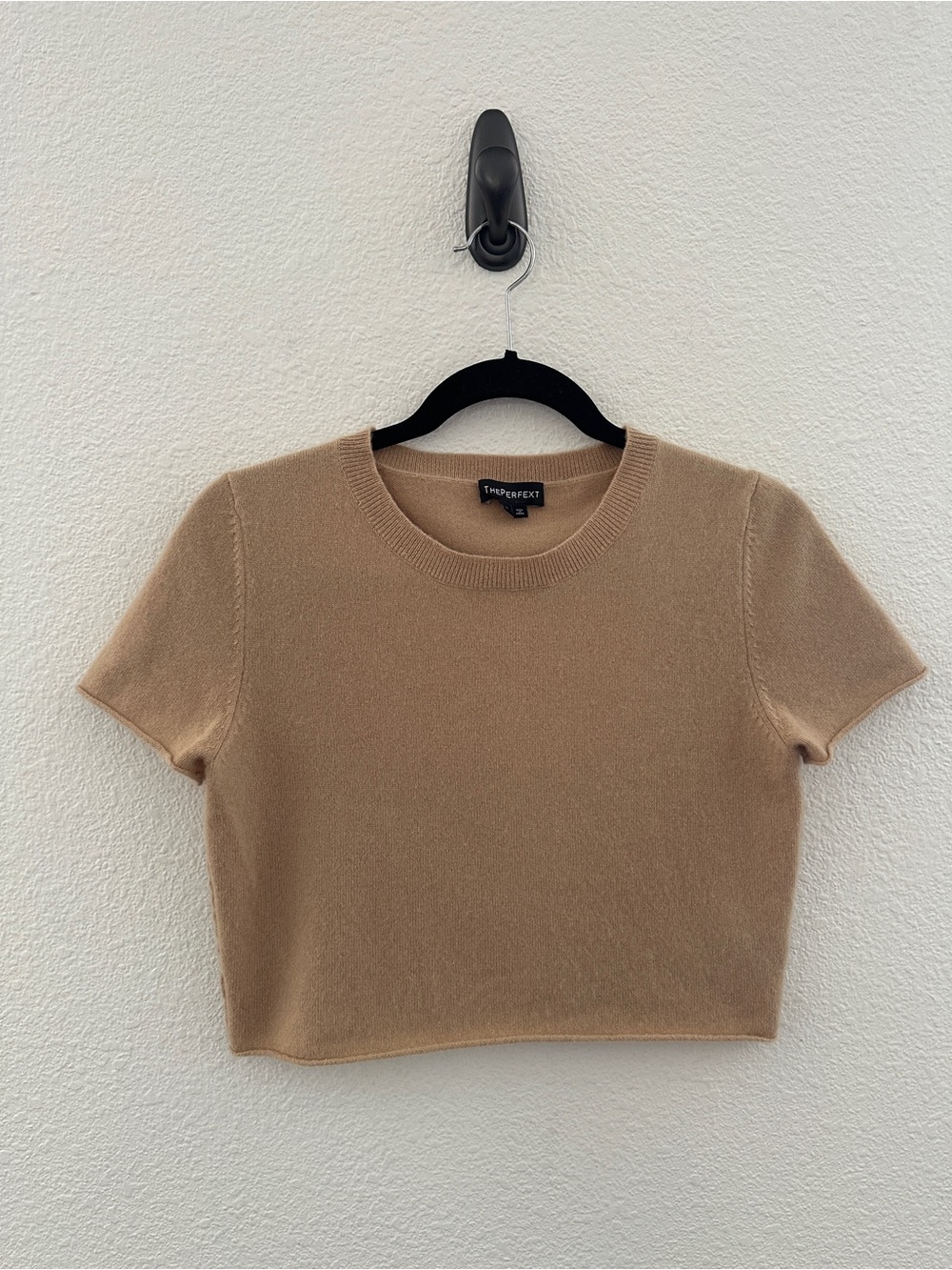 ThePerfext Camel 100% Cashmere Short Sleeve Crewneck Cropped Sweater Top Small